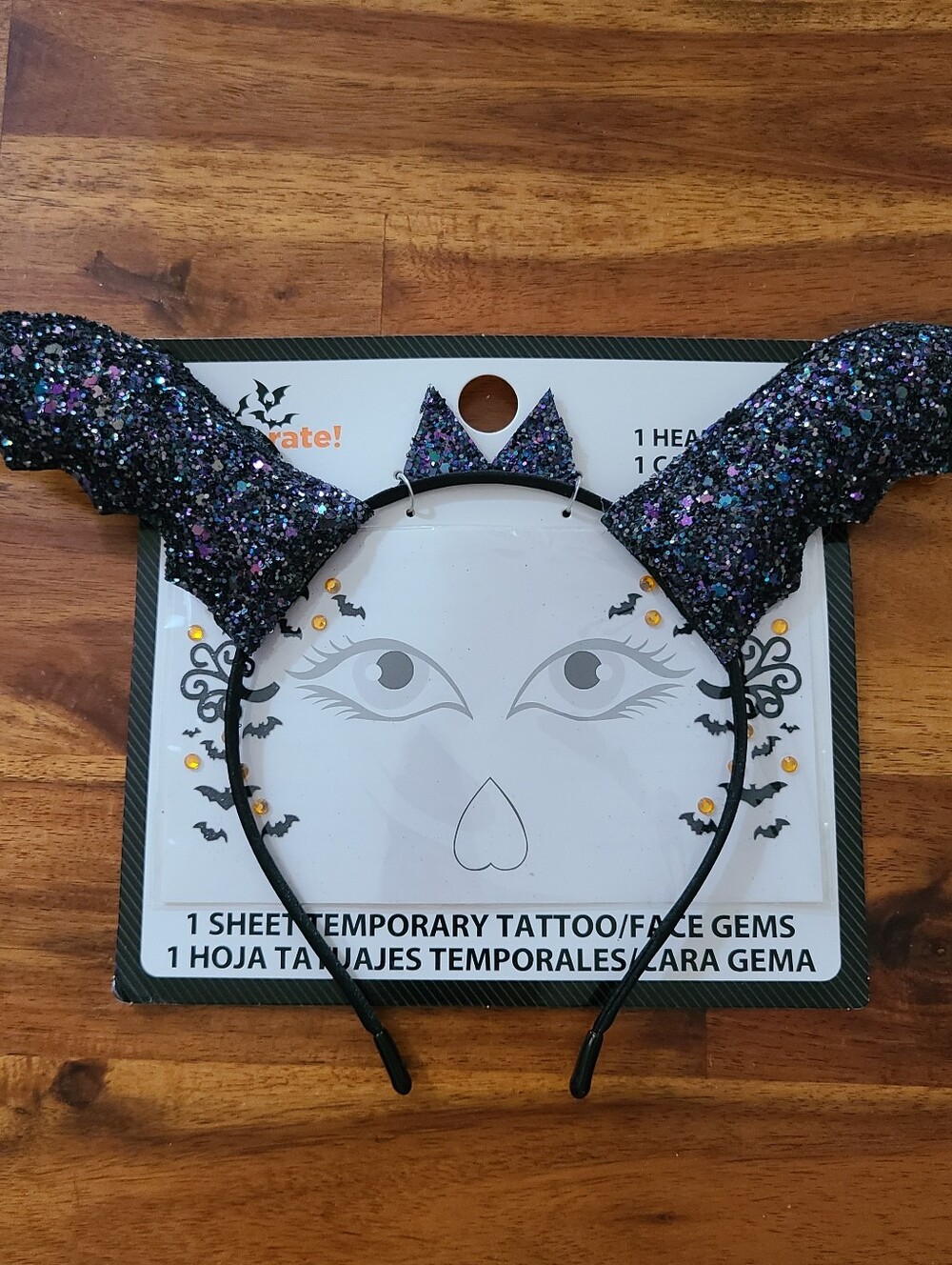 New Bat Halloween Headband and Bat Temporary Tattoos Face Gems Set